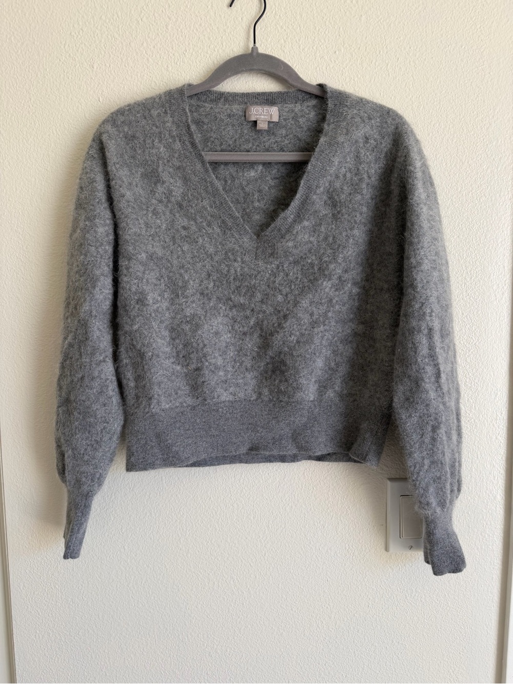 J. Crew Soft Gray V-Neck Fuzzy Knit Sweater